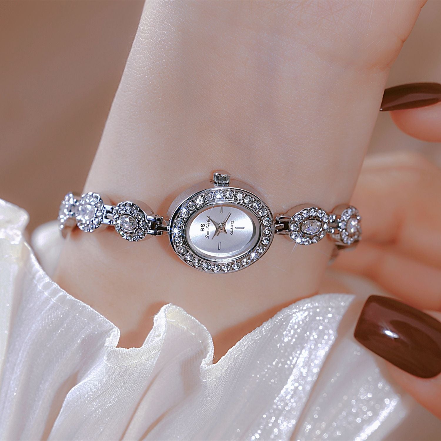 BS Bee Sister Women's Gold Crystal Bracelet Watch | Oval Diamond-Set Luxury Quartz Watch for Ladies