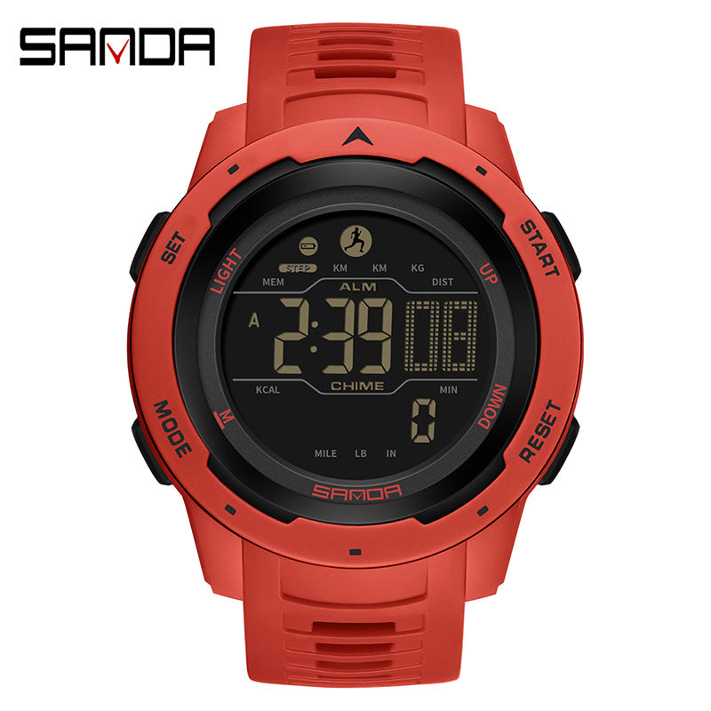 SANDA Red Digital Sports Watch | Pedometer Alarm Calorie Counter Men's Outdoor Fitness Watch