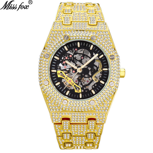 Miss Fox Iced Out Skeleton Watch | Full Diamond Rhinestone Automatic Mechanical Men's Luxury Watch