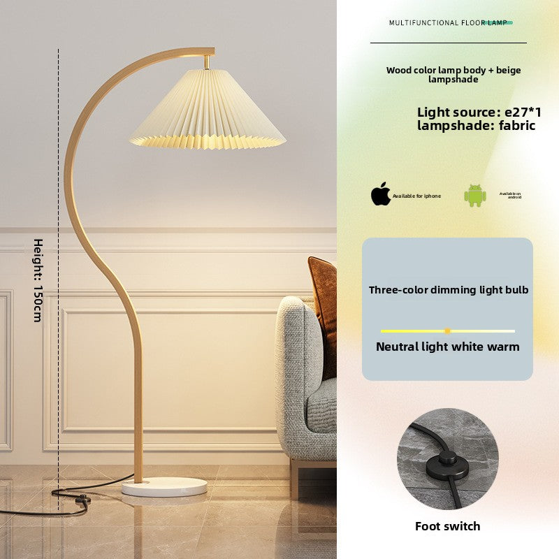 Modern Pleated Floor Lamp with Gold Curved Arc Arm Marble Base Cream Fabric Shade Standing Lamp for Living Room Bedroom and Home Decor