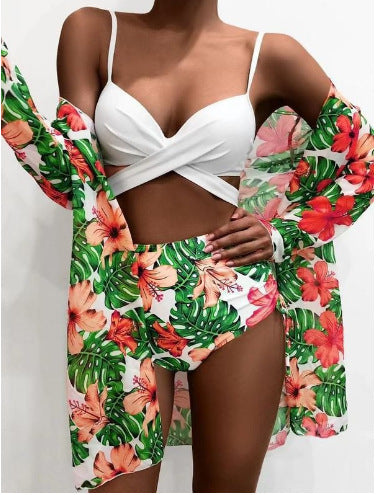 Pink Floral 3 Piece Bikini Set with Kimono Cover Up | Push Up Top High Waist Bottom | Women's Romantic Beach Swimwear