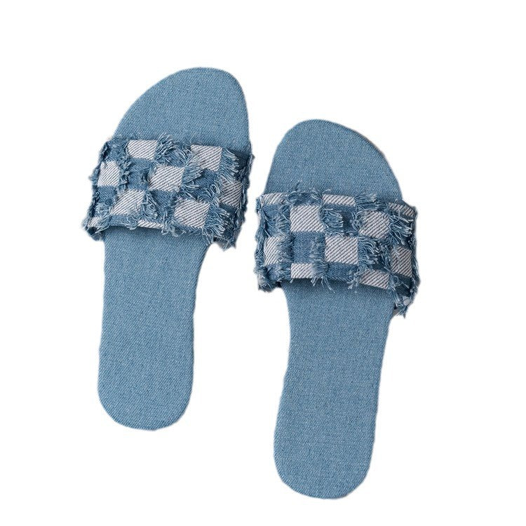 Women's Black Checkered Frayed Denim Flat Slides ? Casual Open Toe Slip-On Summer Sandals