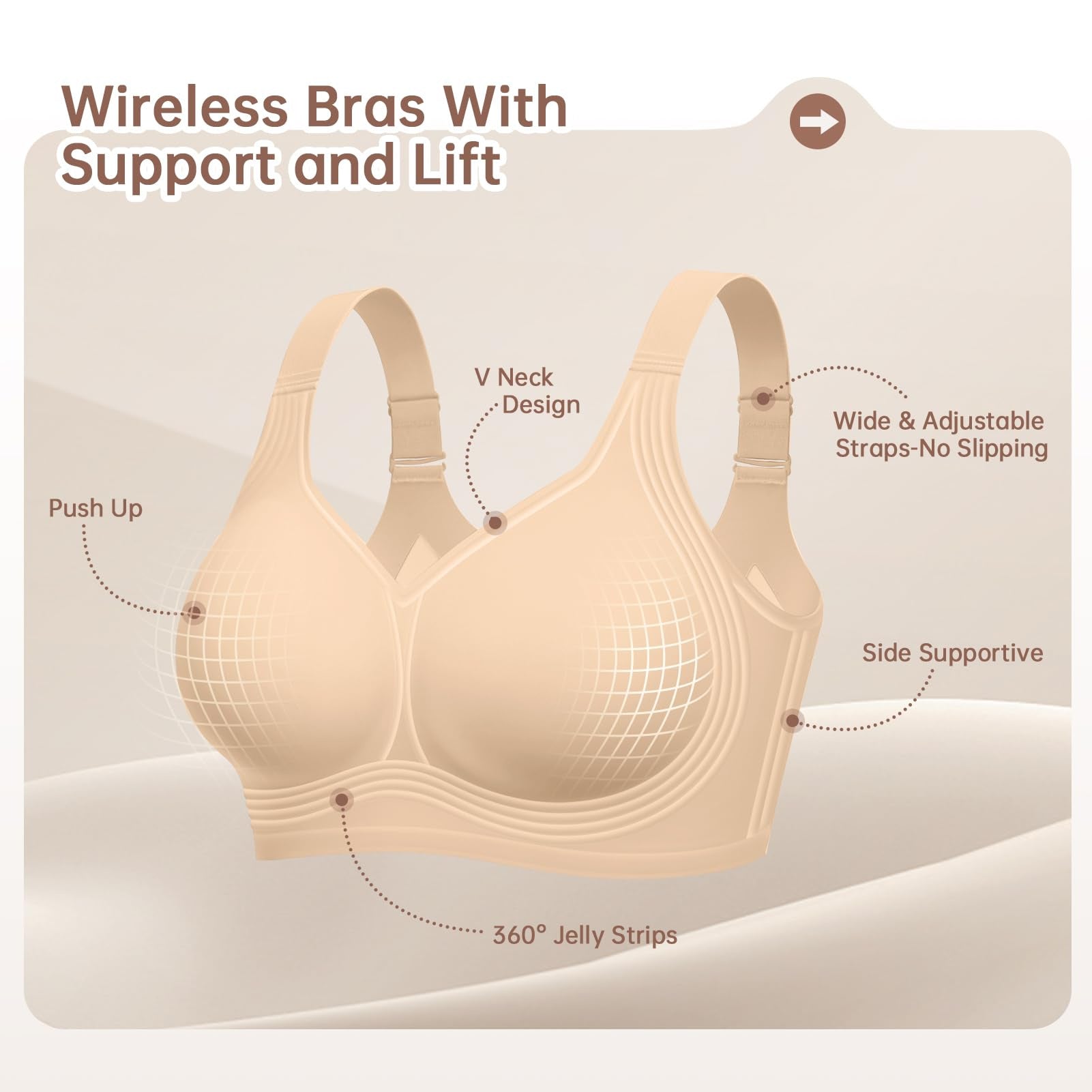 Women's Nude Seamless Wireless Bra with Wide Straps and Full Coverage Molded Cup for Everyday Comfort