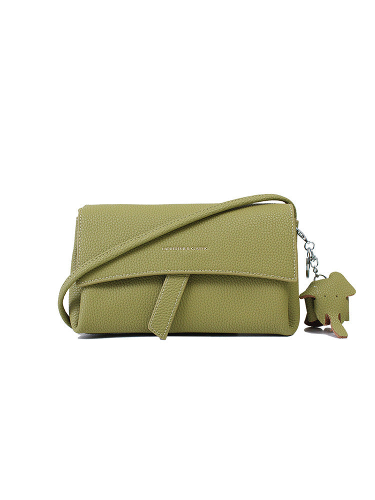 Beige Pebbled Leather Crossbody Bag - Soft Slouchy Shoulder Bag with Dog Charm | Minimalist Wide Strap Purse