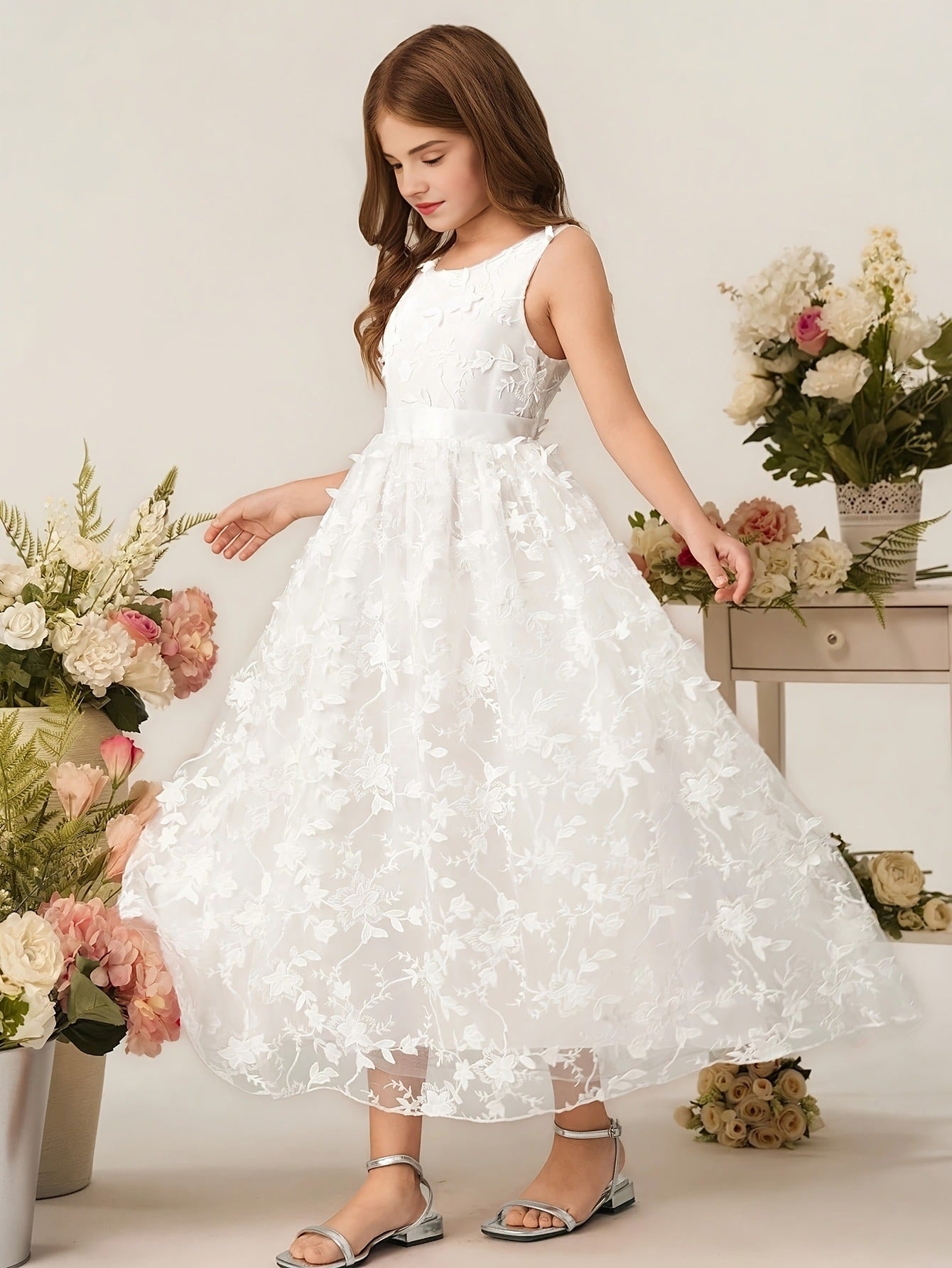 Girls White Floral Lace Maxi Dress Sleeveless Flower Girl Wedding Dress First Communion Princess Party Gown