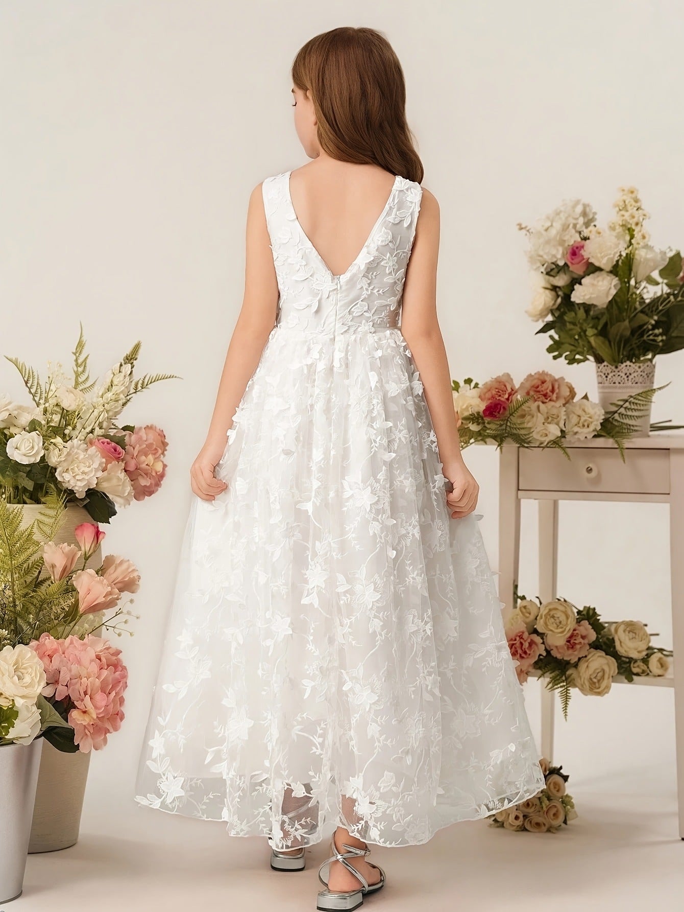 Girls White Floral Lace Maxi Dress Sleeveless Flower Girl Wedding Dress First Communion Princess Party Gown
