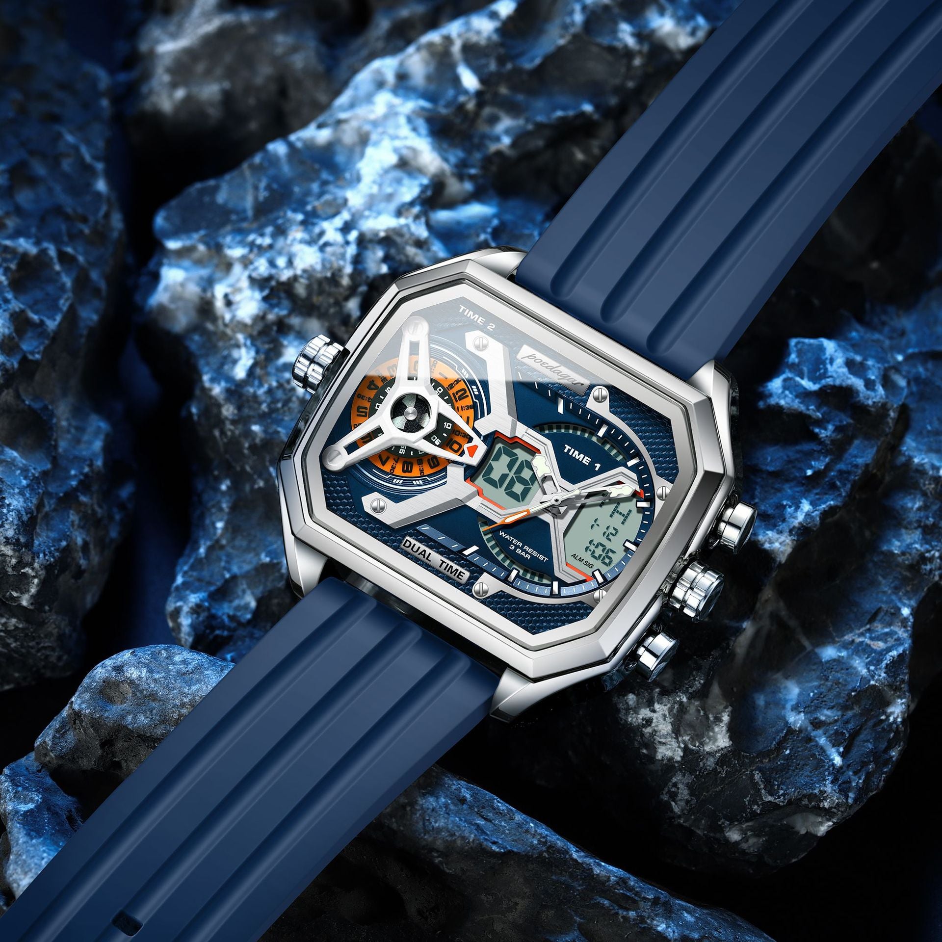 Poedagar Men's Dual Time Digital Analog Watch | Square Blue Rubber Strap | Military Sport Chronograph Waterproof