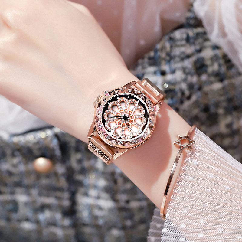Women's Rose Gold Crystal Flower Watch | Hollow Floral Skeleton Dial | CZ Diamond Bracelet | Ladies Luxury Bling Watch | UAE