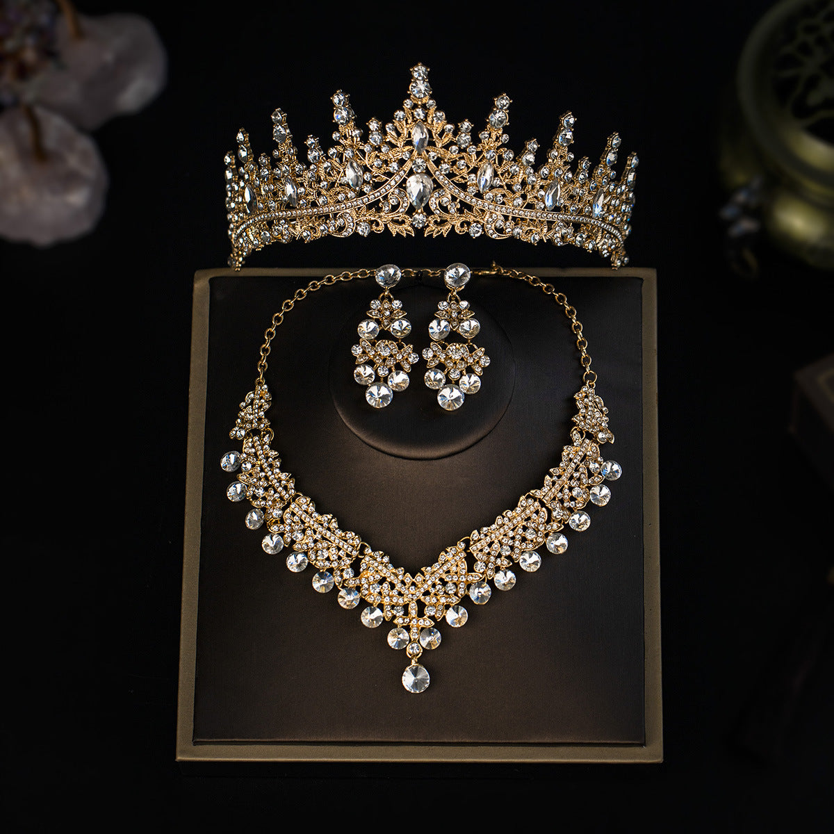 3 Piece Red Crystal Bridal Jewelry Set | Gold Crown Tiara Necklace & Earrings | Queen Wedding Pageant Party Jewelry Set