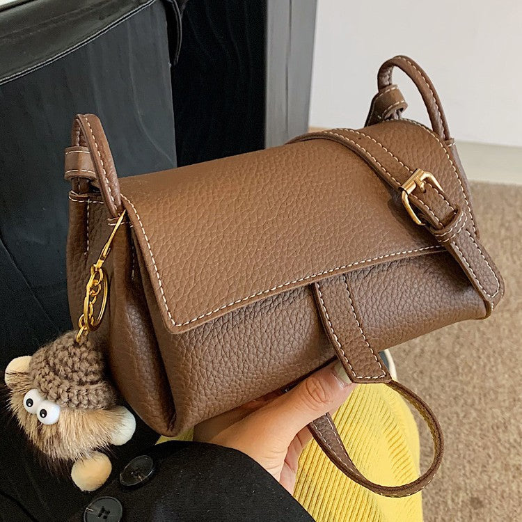 Taupe Brown Leather Crossbody Bag - Structured Flap Bag with Braided Strap & Hedgehog Charm | Small Shoulder Bag