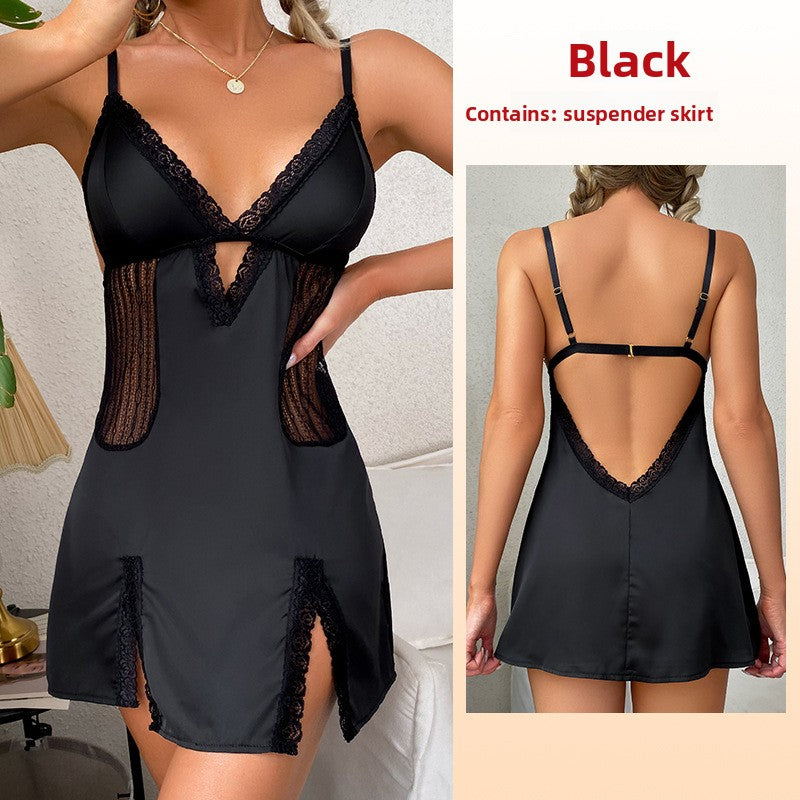 Black Satin Lace Trim Babydoll Lingerie Dress | Deep V Open Back Chemise with Sheer Lace Panels