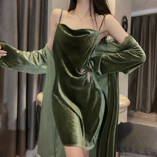 Women's Black Velvet Cowl Neck Slip Dress & Lace Trim Robe 2-Piece Set | Spaghetti Strap Mini Nightgown with Kimono Cardigan | Luxury Dark Sleepwear