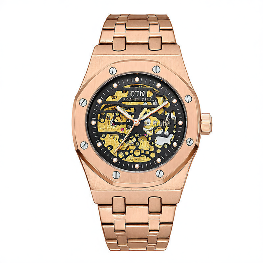 OTM Preisc Time Men's Skeleton Automatic Watch | Silver Octagonal Case Gold Movement 30M Waterproof Royal Oak Style