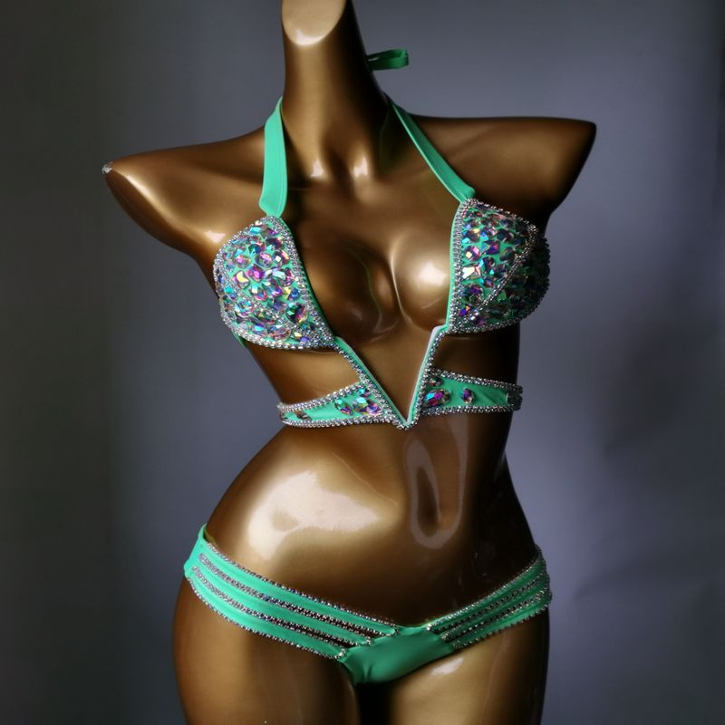 Crystal Rhinestone Bikini Set, AB Stone Competition Swimwear, Luxury Halter Bling Bikini, Women Figure Bodybuilding Suit, Royal Blue & Pink Pageant Swimsuit