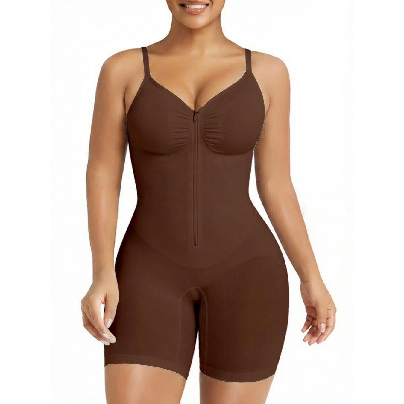 Brown Full Body Shaper for Women | Tummy Control Bodysuit with Zipper | Slimming Mid-Thigh Shapewear Romper