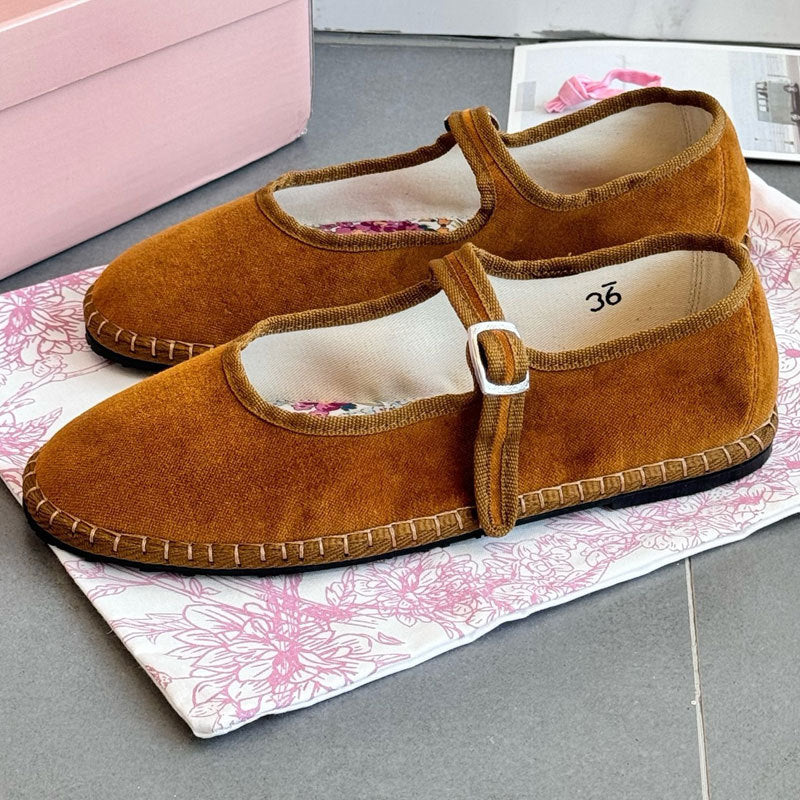 Women's Caramel Velvet Mary Jane Flats ? Vintage Handstitched Buckle Strap Ballet Shoes with Floral Insole