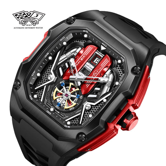 LILUOKE Men's Engine Skeleton Tourbillon Watch | Orange Black Supercar Inspired | Mechanical Turbine Dial | Date Window | Luxury Sport Racing Watch | UAE