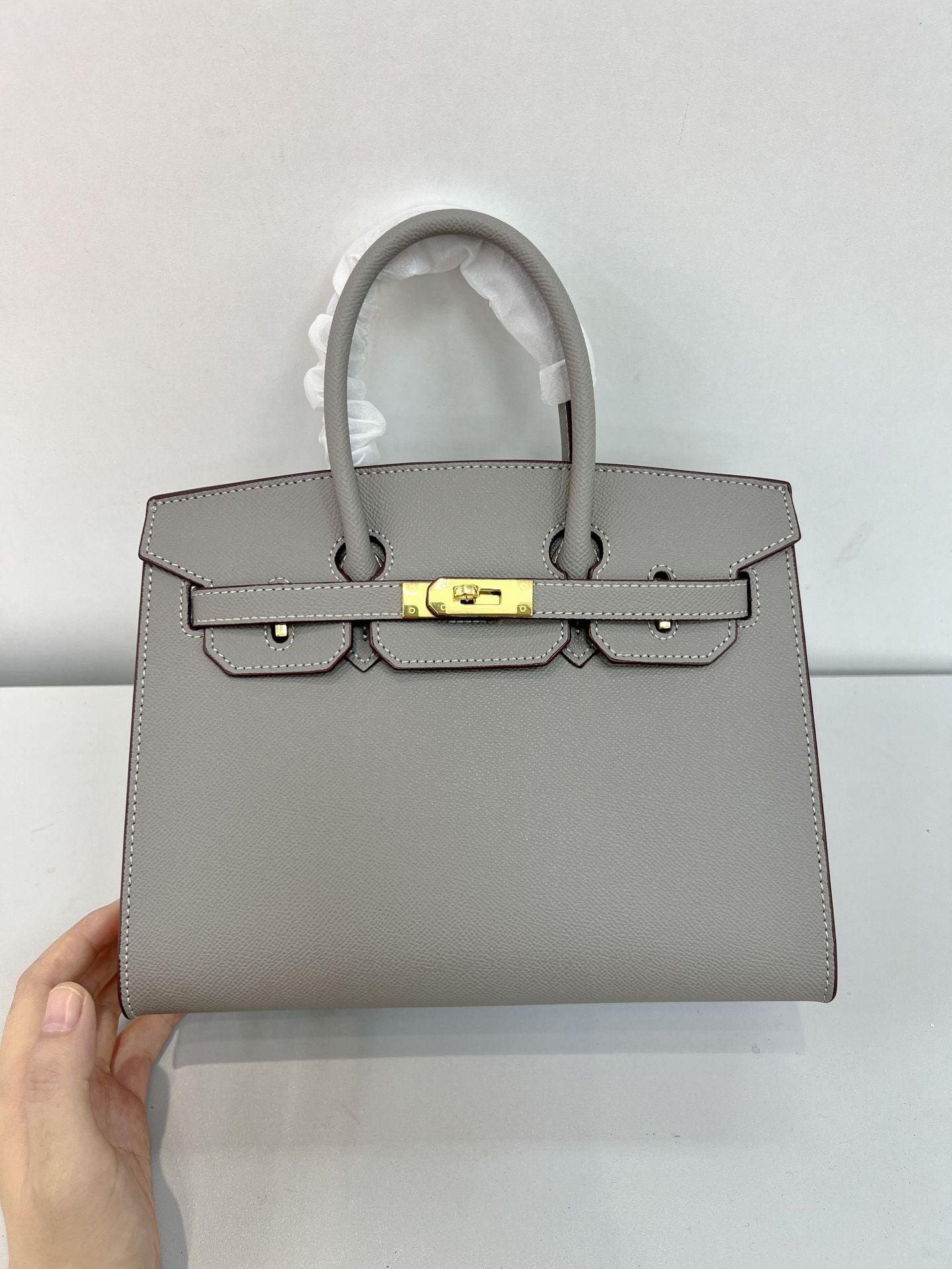 Women's Luxury Structured Leather Tote Bag | Taupe Grey Gold Hardware Top Handle Handbag | Designer Style Purse