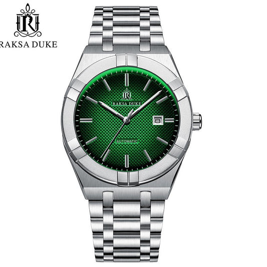 RAKSA DUKE Men's Automatic Watch | Black Textured Dial | Brushed Stainless Steel Bracelet | Self-Winding Mechanical Dress Watch with Date