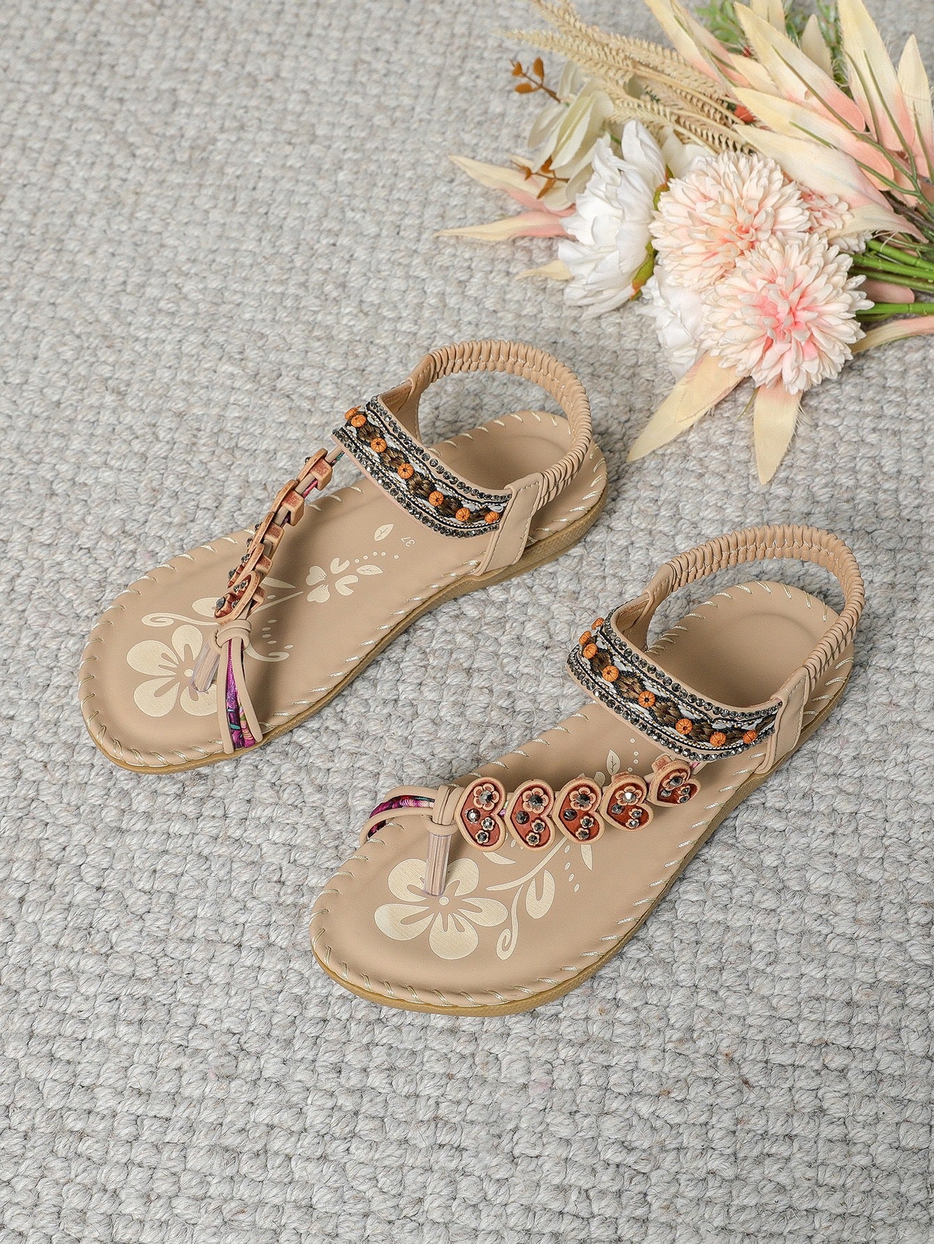 Women's Tan Boho Beaded Thong Sandals ? Ethnic Floral Rhinestone Elastic Ankle Strap Flat Summer Shoes