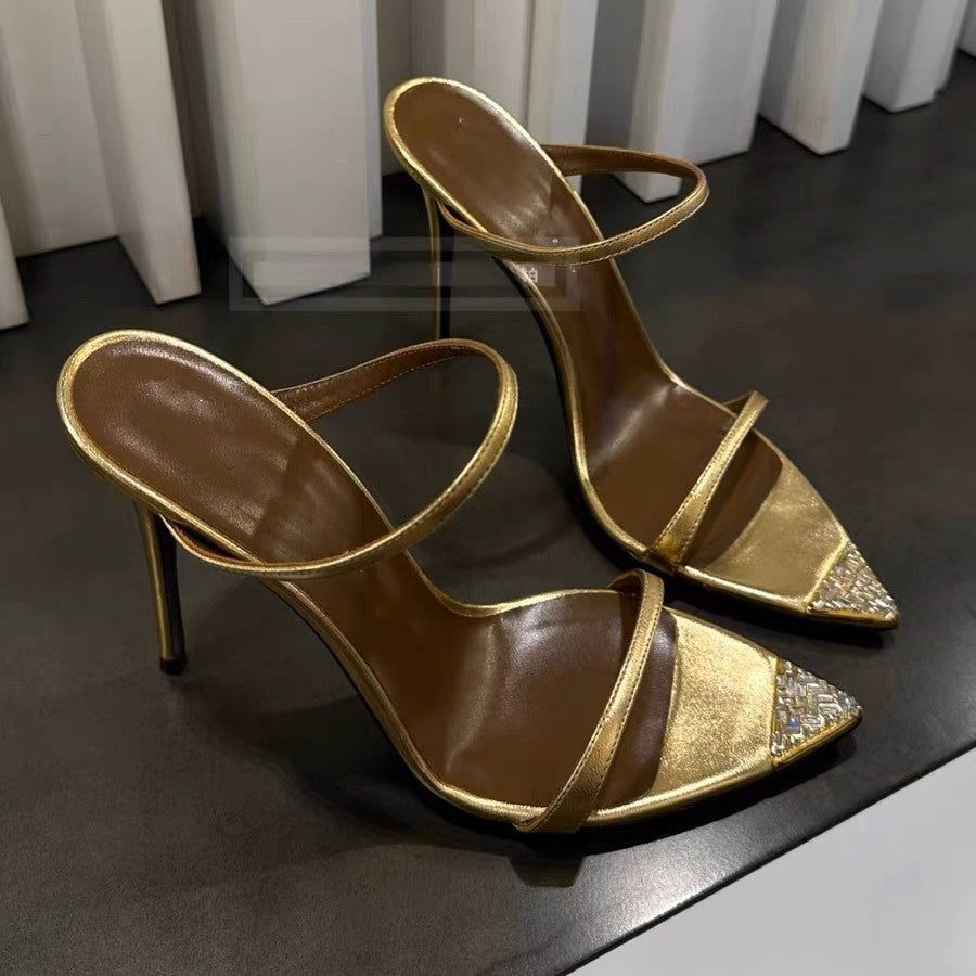 Black Patent Leather Strappy Heeled Sandals with Gold Pointed Toe Cap | Luxury Evening Shoes