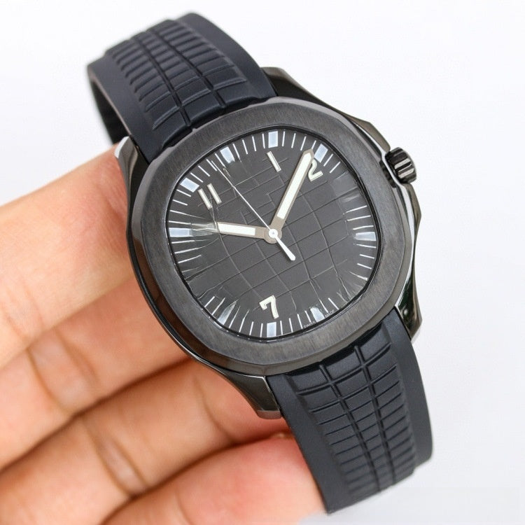 Men's Sport Luxury Watch | Black Grid Dial Stainless Steel Case Rubber Strap | Aquanaut Style Luminous Timepiece