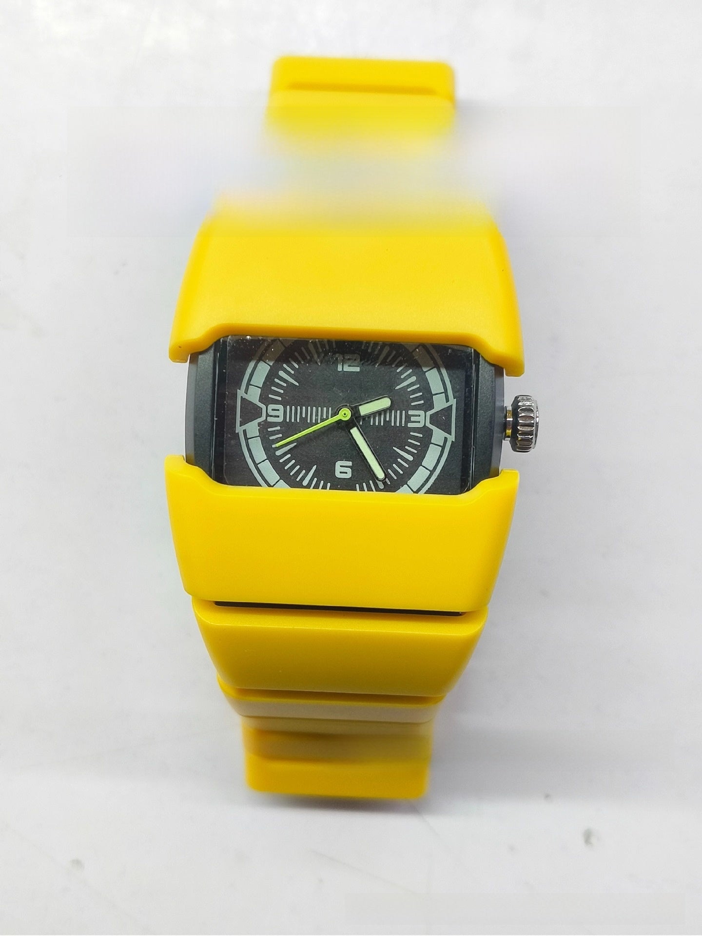 Men's Futuristic Wide Rectangular Watch | Matte Silver Aluminum Case Black Dial Neon Green Hands | Diesel Style Techwear Sport Timepiece