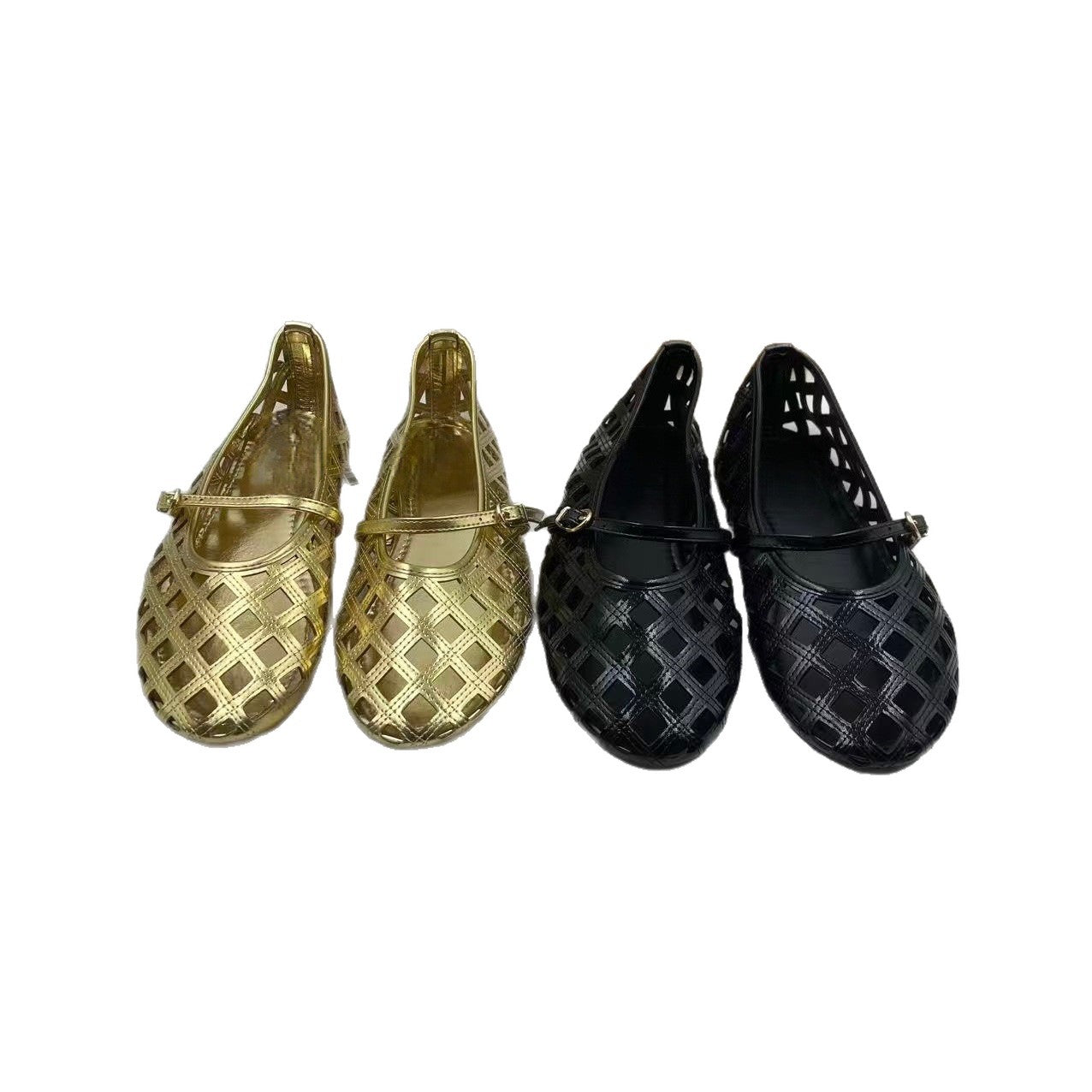Metallic Laser Cut Cage Mary Jane Ballet Flats | Gold & Black Cut-Out Diamond Lattice Flat Shoes for Women