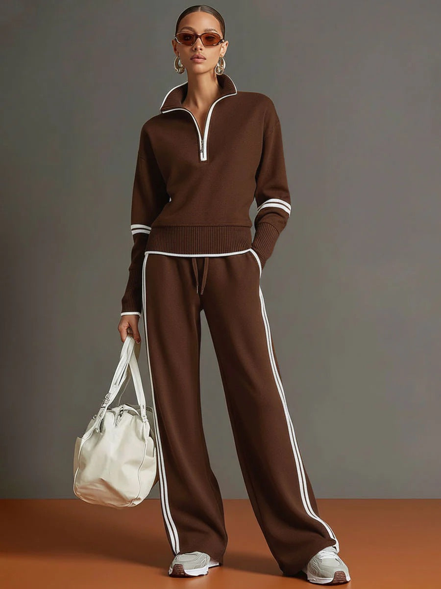Red Knit Two-Piece Tracksuit Set | Quarter-Zip Pullover & Wide-Leg Pants | Striped Co-Ord Loungewear