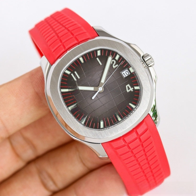 Men's Sport Luxury Watch | Black Grid Dial Stainless Steel Case Rubber Strap | Aquanaut Style Luminous Timepiece