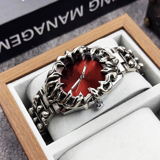 Men's Gothic Flame Watch | Red Dial Silver Flame Bezel Punk Vintage Quartz Date Stainless Steel Statement Watch