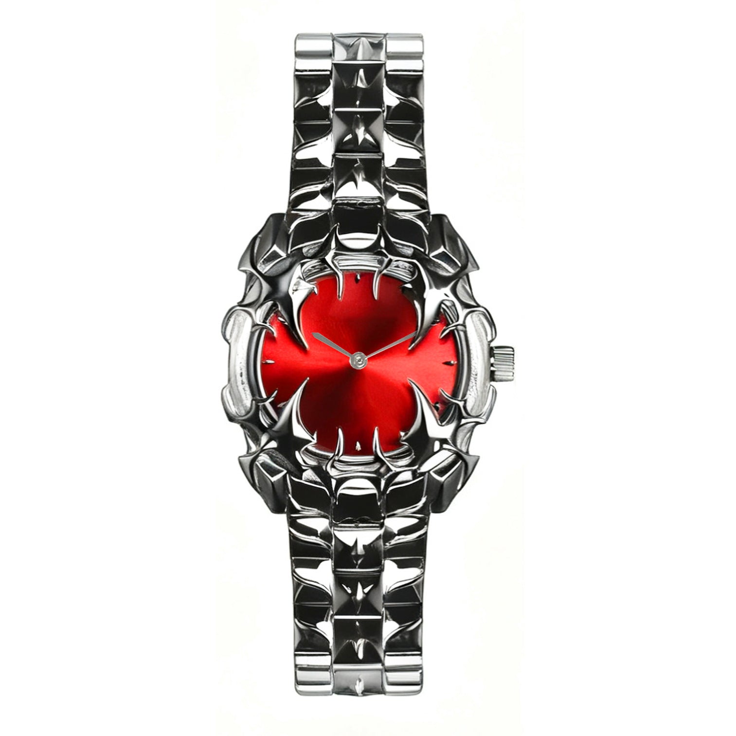 Gothic Black Thorn Spike Watch for Men | Red Dial Dark Luxury Stainless Steel Quartz Timepiece