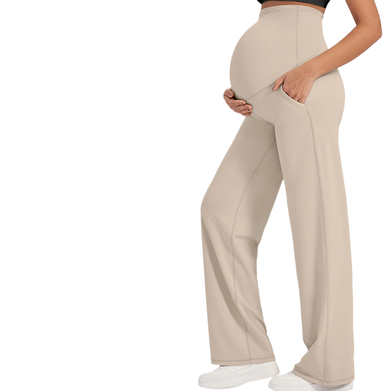 High Waist Maternity Wide Leg Pants with Pockets | Butt Lifting High Elastic Over Bump Pregnancy Trousers | Flowy Casual Lounge Pants | All Trimesters | Brown