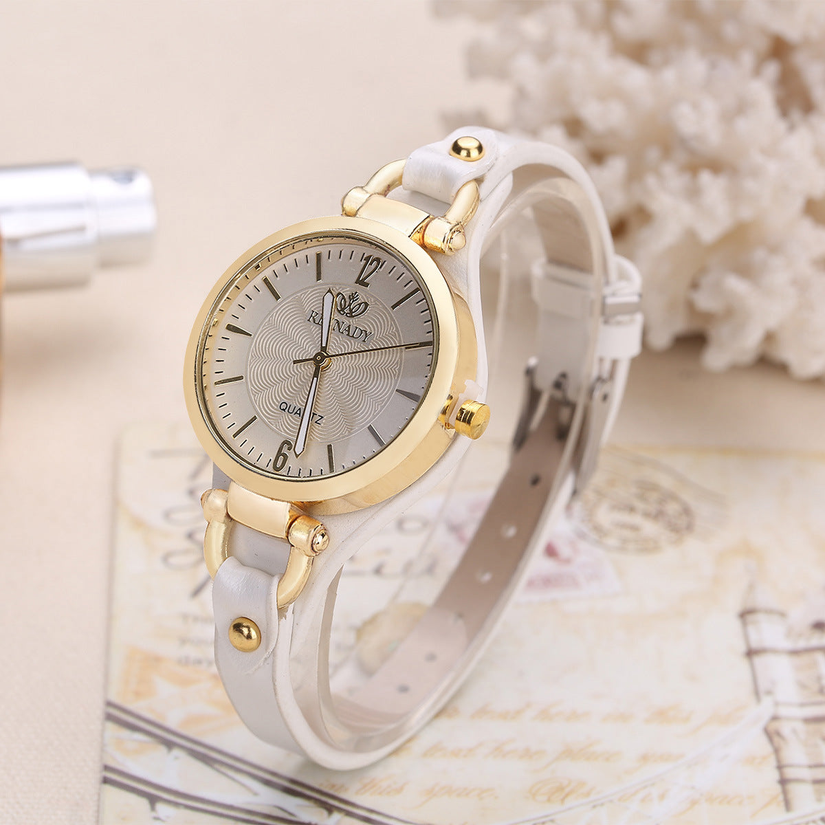 Brown Leather Wrap Watch Women | Gold Case Guilloche Dial | Thin Strap Stud Detail | Boho Vintage Quartz Dress Watch