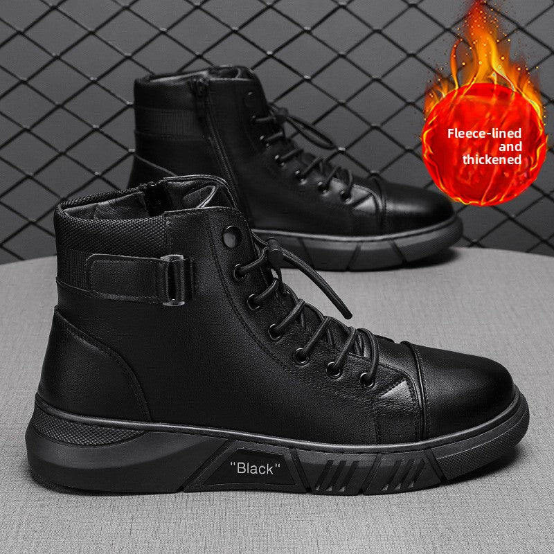 Mens Black High Top Leather Sneakers with Buckle Strap Lace Up Ankle Boots Casual Platform Street Style Shoes for Everyday Outdoor and Fashion