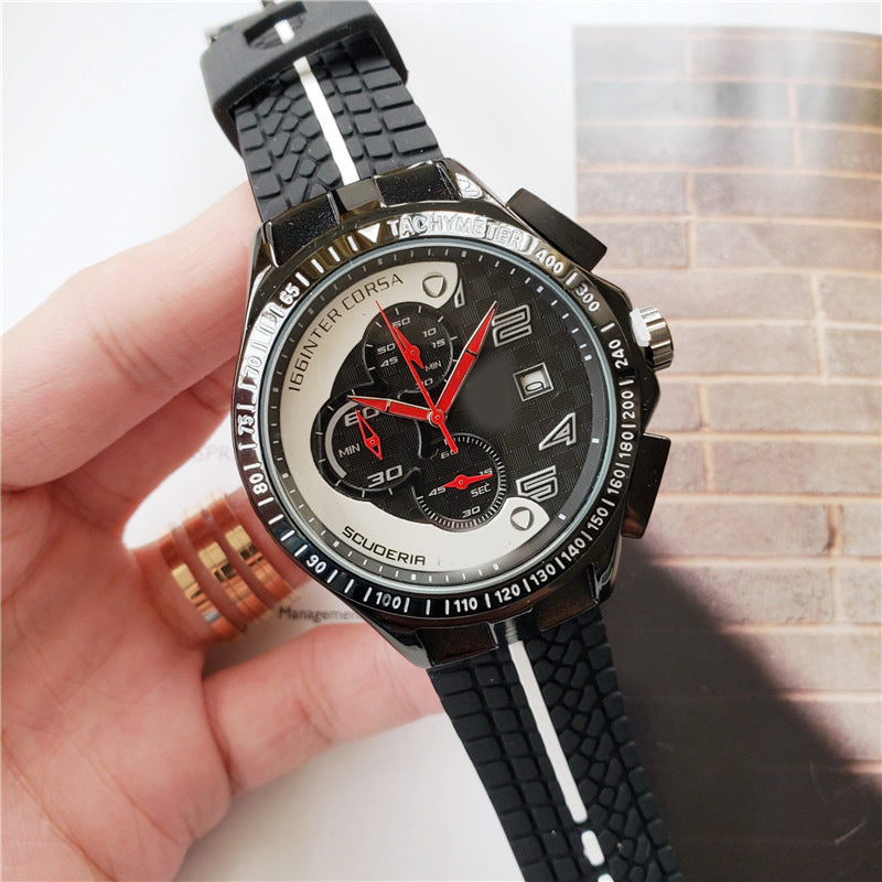 Men's Scuderia Racing Chronograph Watch | 166 Inter Corsa Tachymeter Black Yellow Carbon Dial | Red Hands Date Rubber Strap Sport Timepiece
