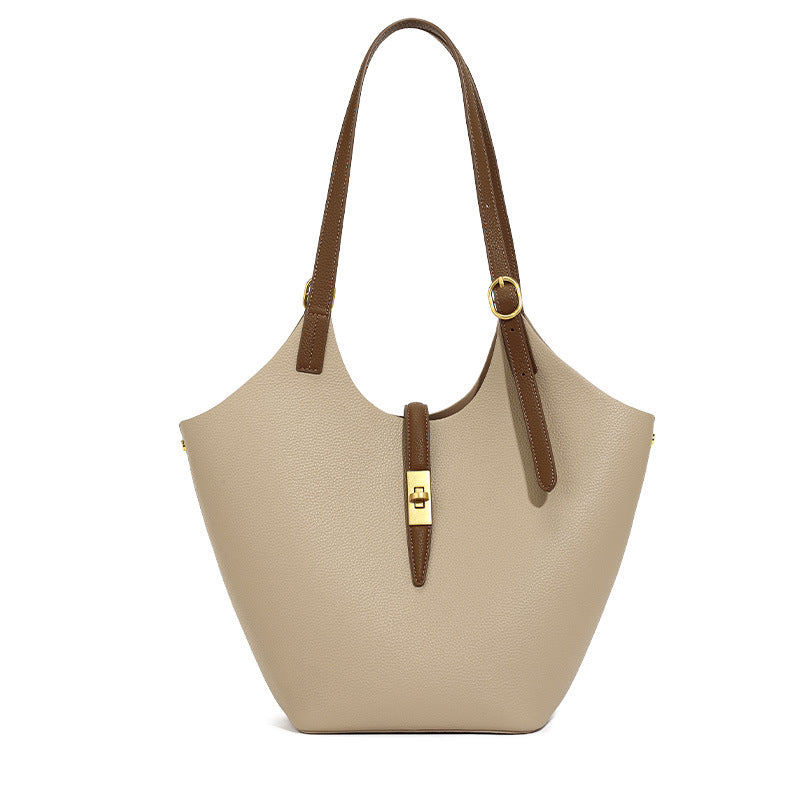 Luxury Leather Bucket Tote Bag with Gold Twist Lock | Women's Designer-Style Shoulder Bag in Beige & Brown Contrast Strap | Everyday Handbag for Work & Travel