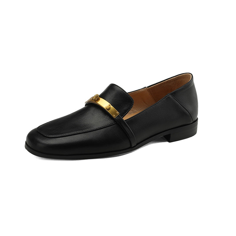 Black Leather Flat Loafers Gold Metal Bar Detail Square Toe Slip On Women Shoes | Elegant Comfortable Everyday Office Casual Fashion Flat Shoes