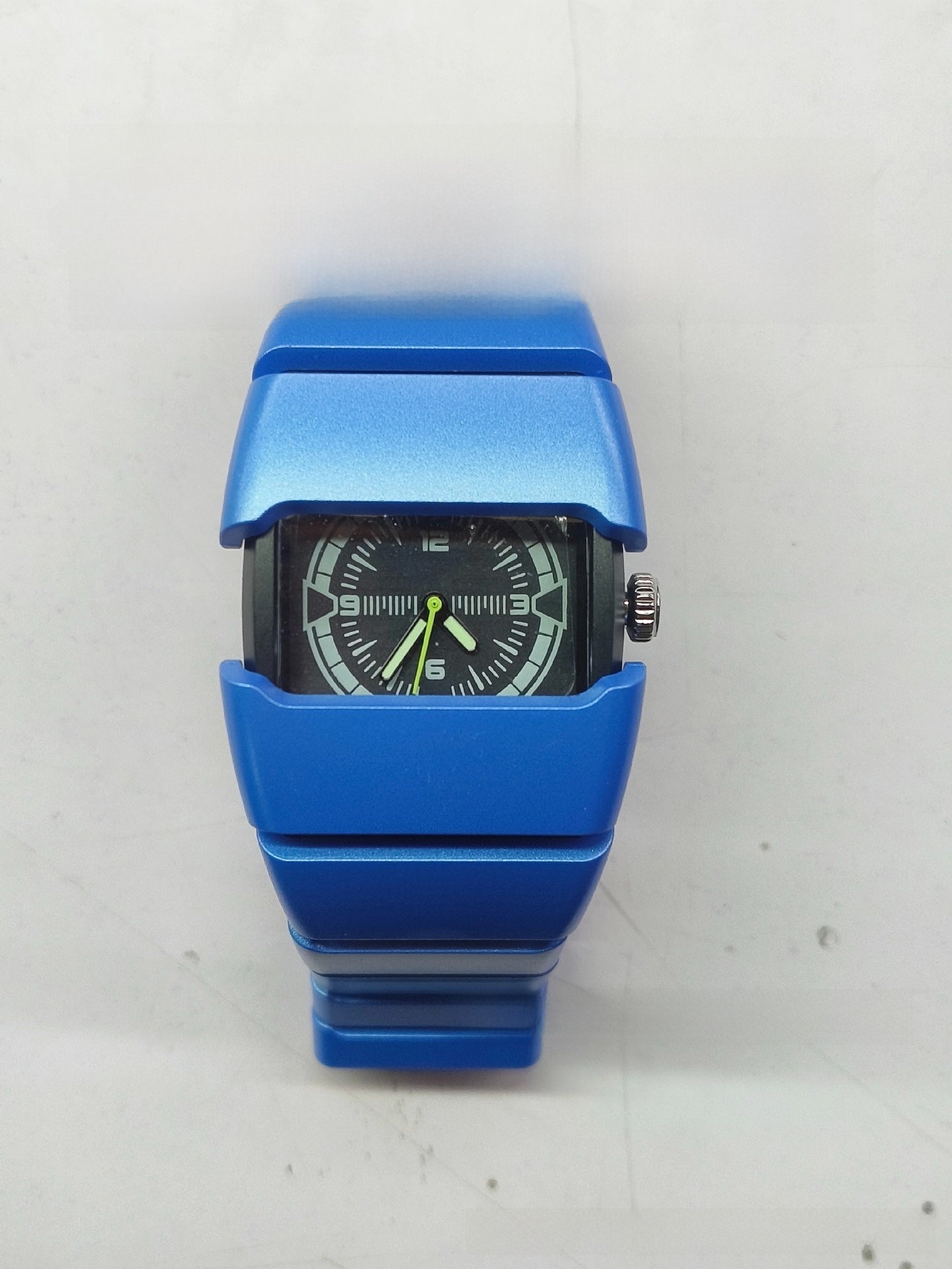Men's Futuristic Wide Rectangular Watch | Matte Silver Aluminum Case Black Dial Neon Green Hands | Diesel Style Techwear Sport Timepiece