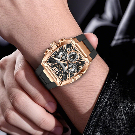 LIGE Rose Gold Tonneau Chronograph Watch Black Silicone Strap Date Display Water Resistant | Men Luxury Sport Quartz Wrist Watch Fashion Timepiece