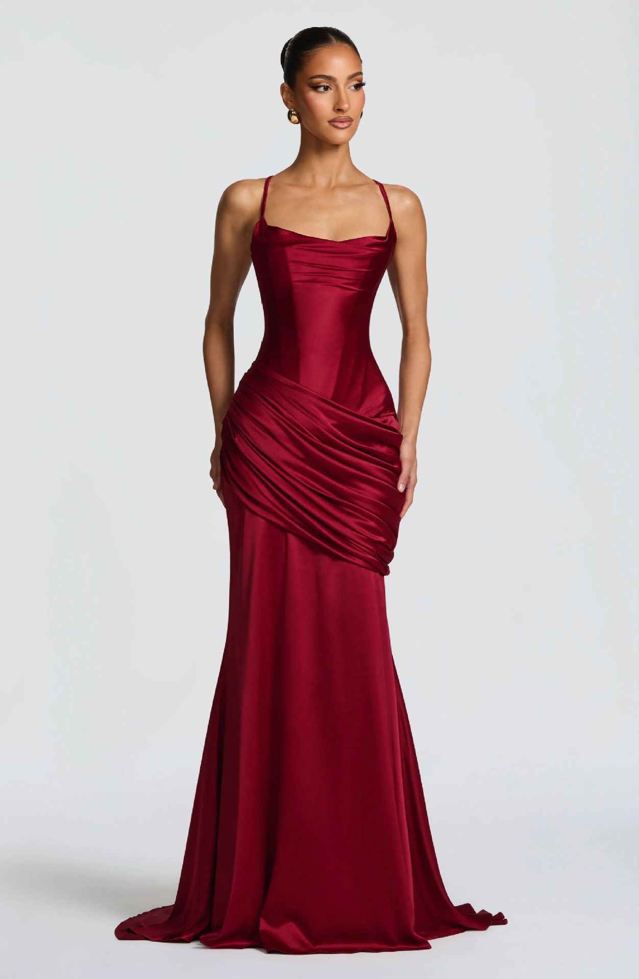 Women's Navy Blue Satin Mermaid Maxi Dress | Ruched Detail | Spaghetti Straps | Formal Evening Gown