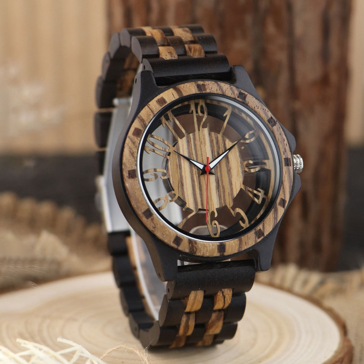 Handcrafted Zebra Wood & Ebony Wooden Watch for Men | Hollow Skeleton Dial Luxury Timepiece