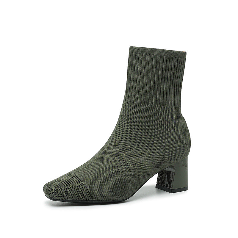 Black Ribbed Knit Sock Block Heel Ankle Boots | Women's Stretch Pointed Toe Silver Accent Heel Booties