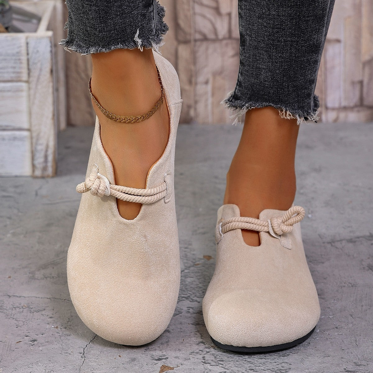 Women's Beige Suede Rope Knot Mary Jane Flats ? Minimalist Slip-On Round Toe Casual Shoes