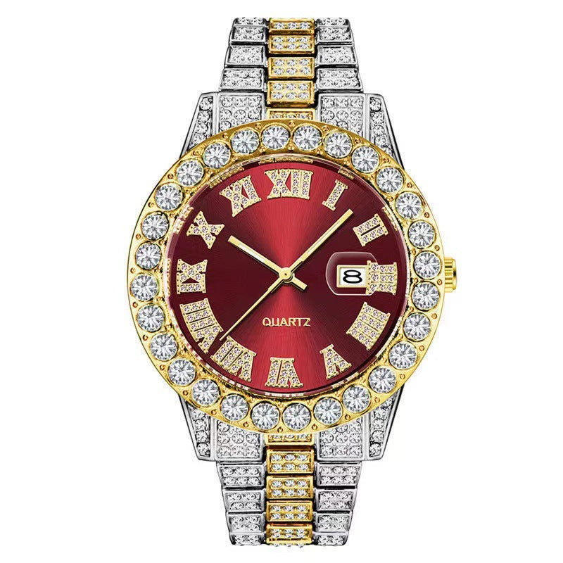 Iced Out Silver Watch | Green Sunburst Dial Diamond Roman Numerals | Full Crystal Bezel & Bracelet Mens Hip Hop Quartz Watch