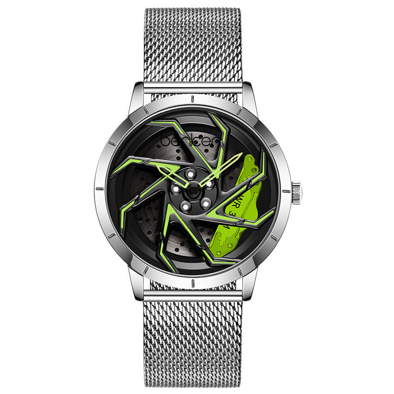 Bodeer Spinning Rim Watch Men | 3D Red Turbine Wheel Dial | Silver Stainless Steel Bracelet | Racing Car Enthusiast Watch