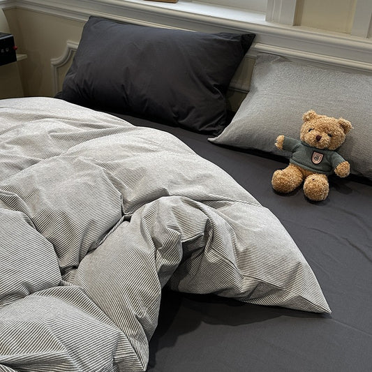 Grey Stripe Cotton Duvet Cover Set | Soft Washed Cotton Bedding Set with Pillowcases | King Queen Full Twin