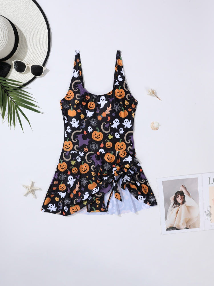 Black One-Piece Swimsuit with Wrap Skirt | Scoop Neck Tie Side Swim Dress | Tummy Control Beach Swimwear for Women