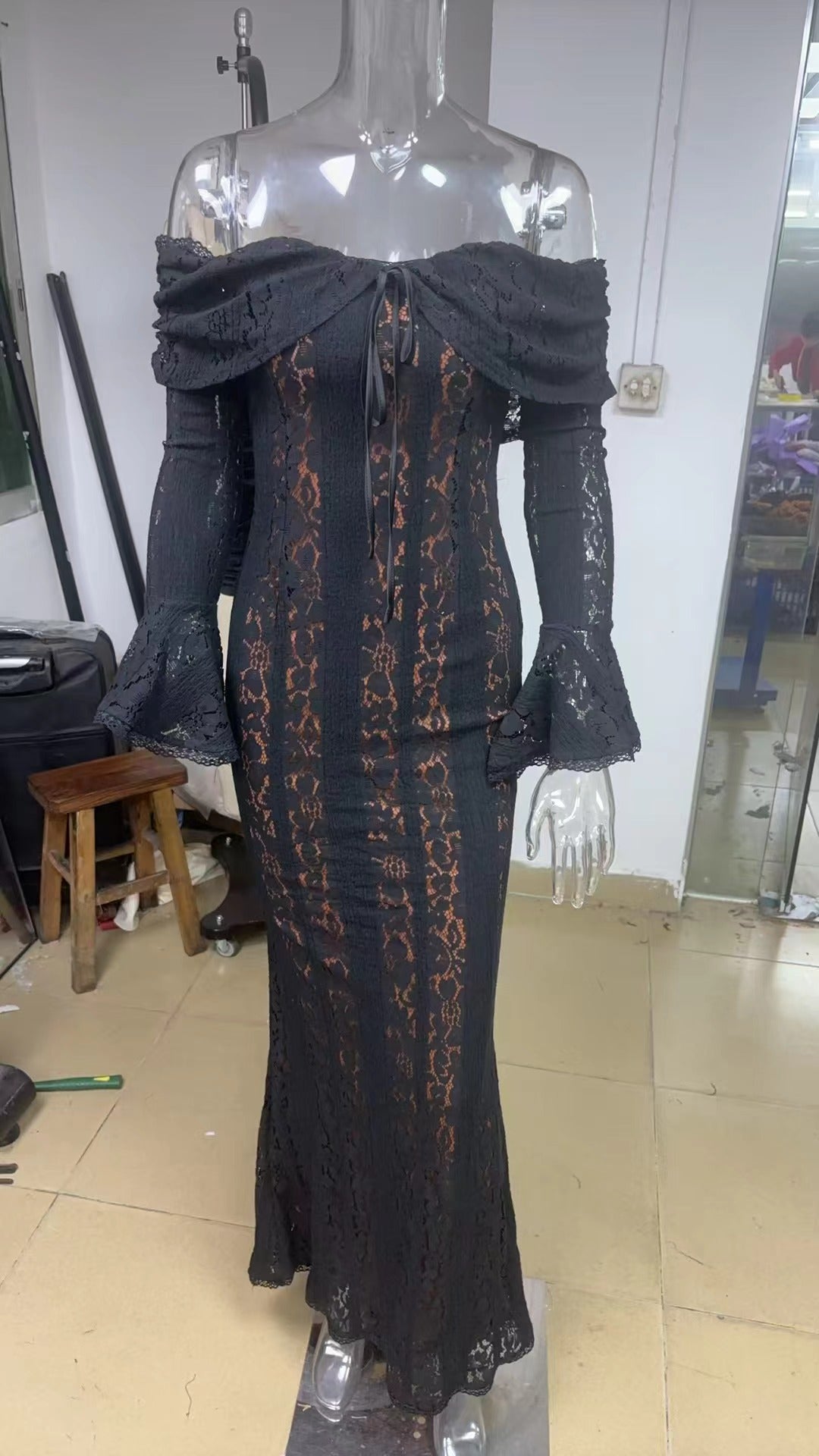 Black Lace Off Shoulder Mermaid Maxi Dress Bell Sleeve Corset Bodycon Gown | Women Elegant Evening Formal Wedding Guest Party Dress