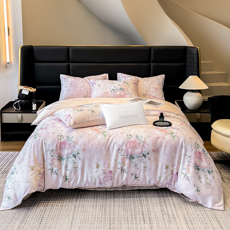 Luxury Floral Satin Bedding Set - Romantic Pink Purple Botanical Print Duvet Cover with Pillowcases - Silky Soft Egyptian Cotton Style Bed Linen Set for Queen King - Elegant Bedroom Decor